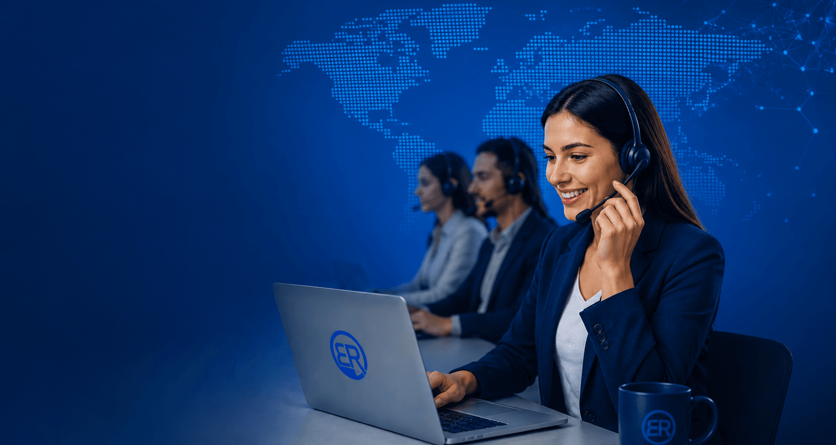 Enterprise operations command center with analytics screens and customer support teams